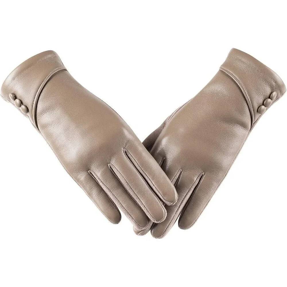 Women's Winter Leather Gloves Touch Screen Wool Lined Windproof Warm Suede Beige